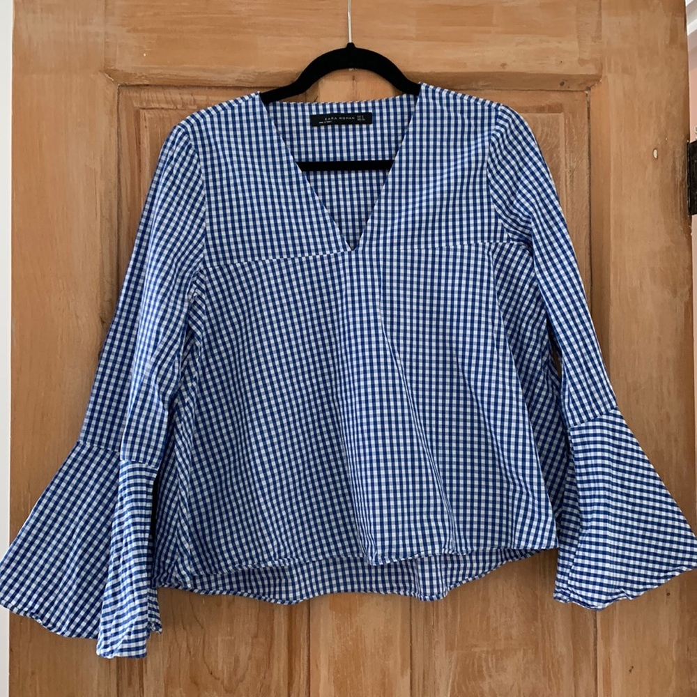Zara blue and white gingham top with bell sleeves